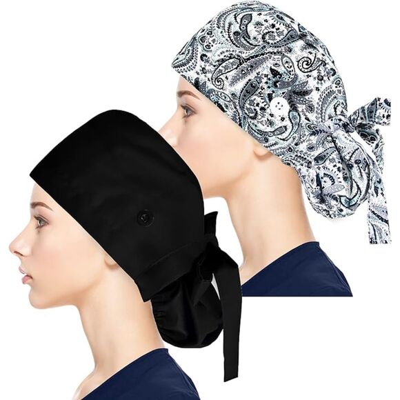 Adjustable Working Ponytail Pouch Scrub Cap with Button & Sweatband - Qty 2 - Picture 1 of 5